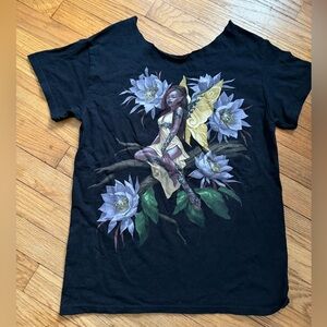 Hot Topic Black Tee with Fairy and Floral Graphic